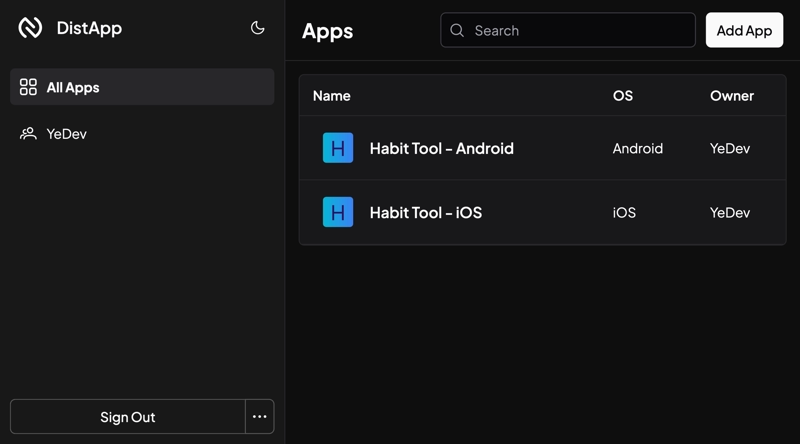 DistApp showcase in dark mode
